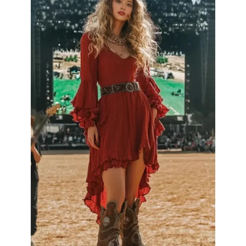 모로더 유럽 및 미국 플러스 사이즈 러플 플로럴 프린지 리조트 스타일 빈티지 솔리드 컬러 드레스