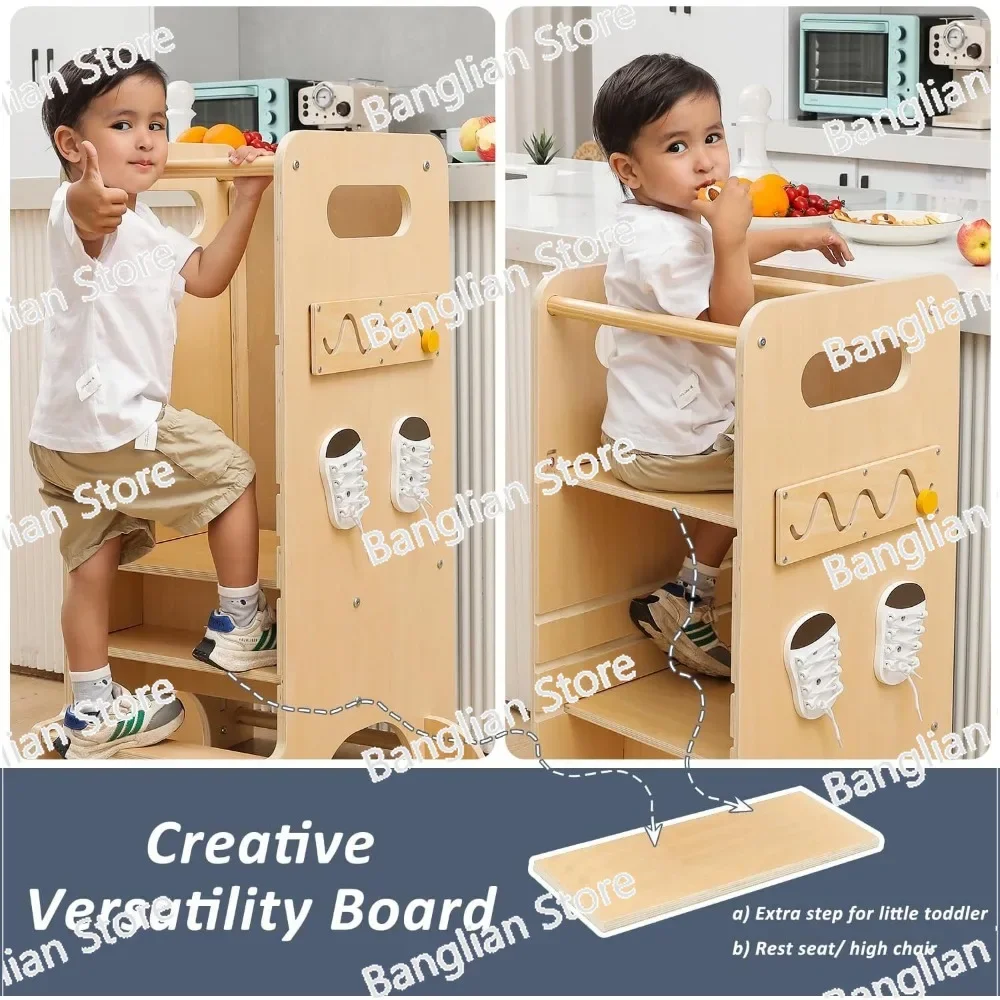 Toddler Tower, 4 in 1 Toddler Kitchen Stool Helper Wooden Height Adjustable Standing Tower for Kitchen Counter with Slide image 3