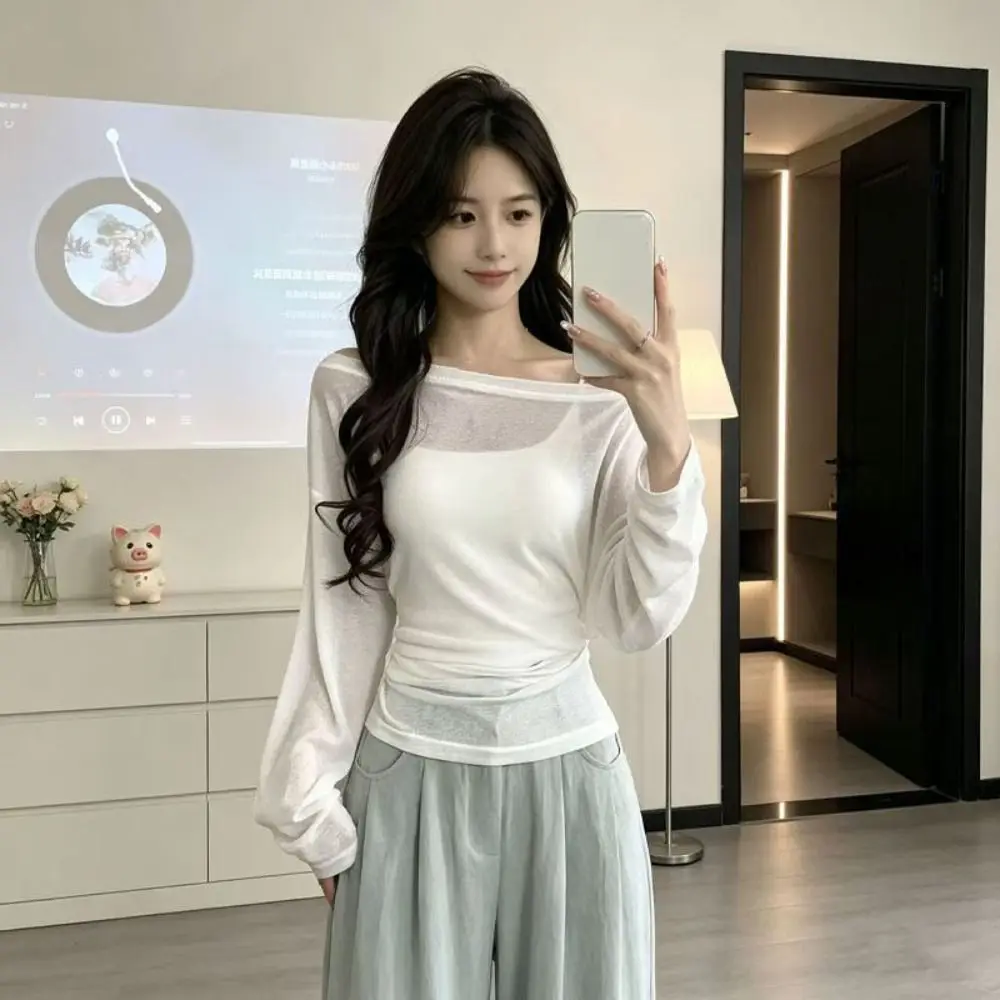 Solid Color Sheer Long Sleeve T-Shirt Off Shoulder Back Tied-up See Through Top Loose Oversize T-Shirt Women's Wear