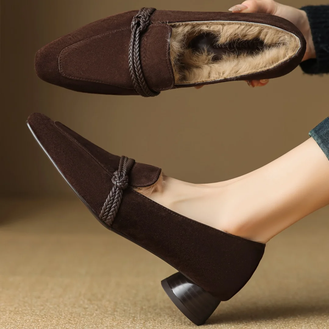 

Women's natural suede leather square toe rabbit fur inside slip-on pumps 3cm round heel elegant ladies winter warm heels shoes
