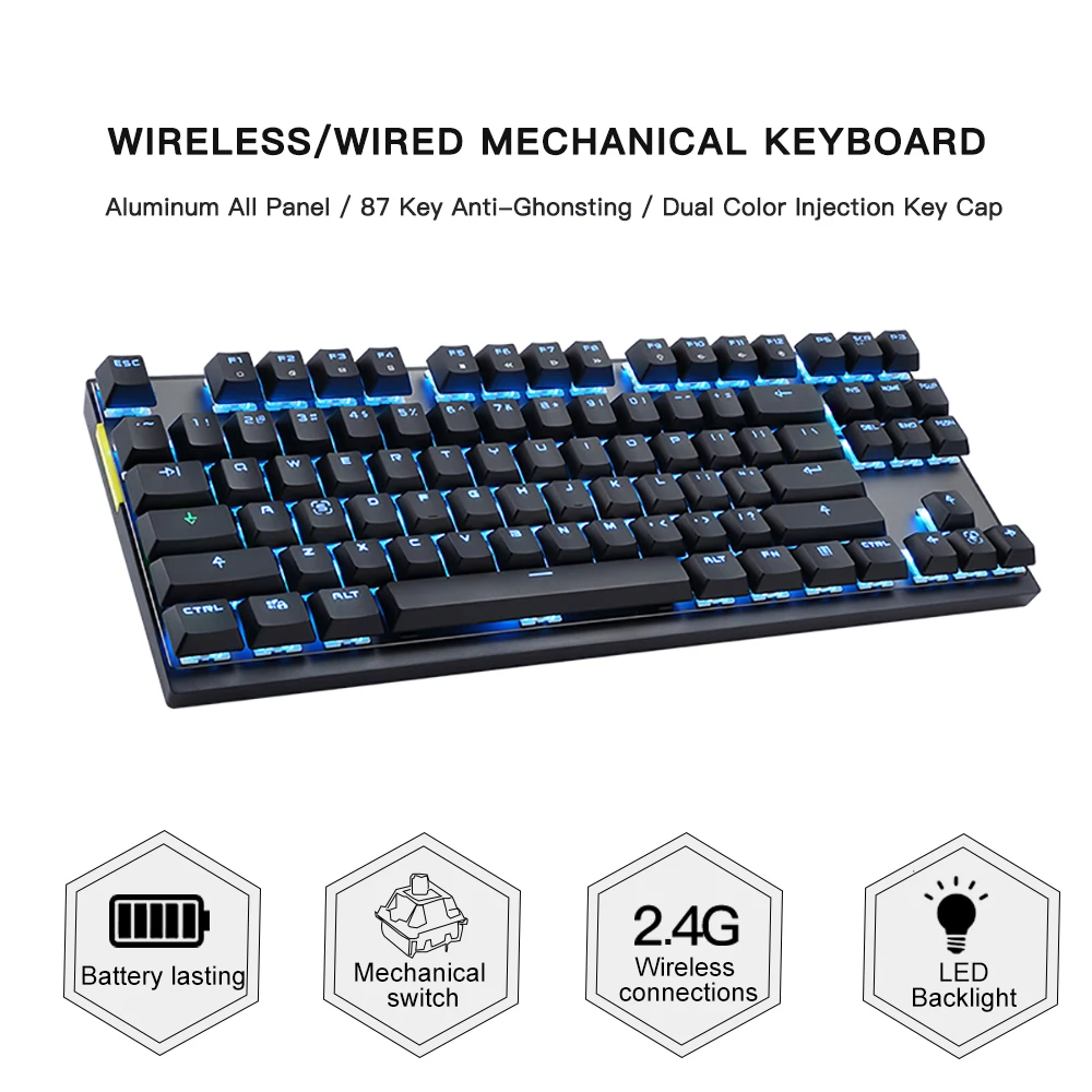 Motospeed GK82 Mechanical Gaming Keyboard  2.4G Wireless Wired 87 Key LED Backlight Computer OfficeTypist Keyboard For PC Laptop