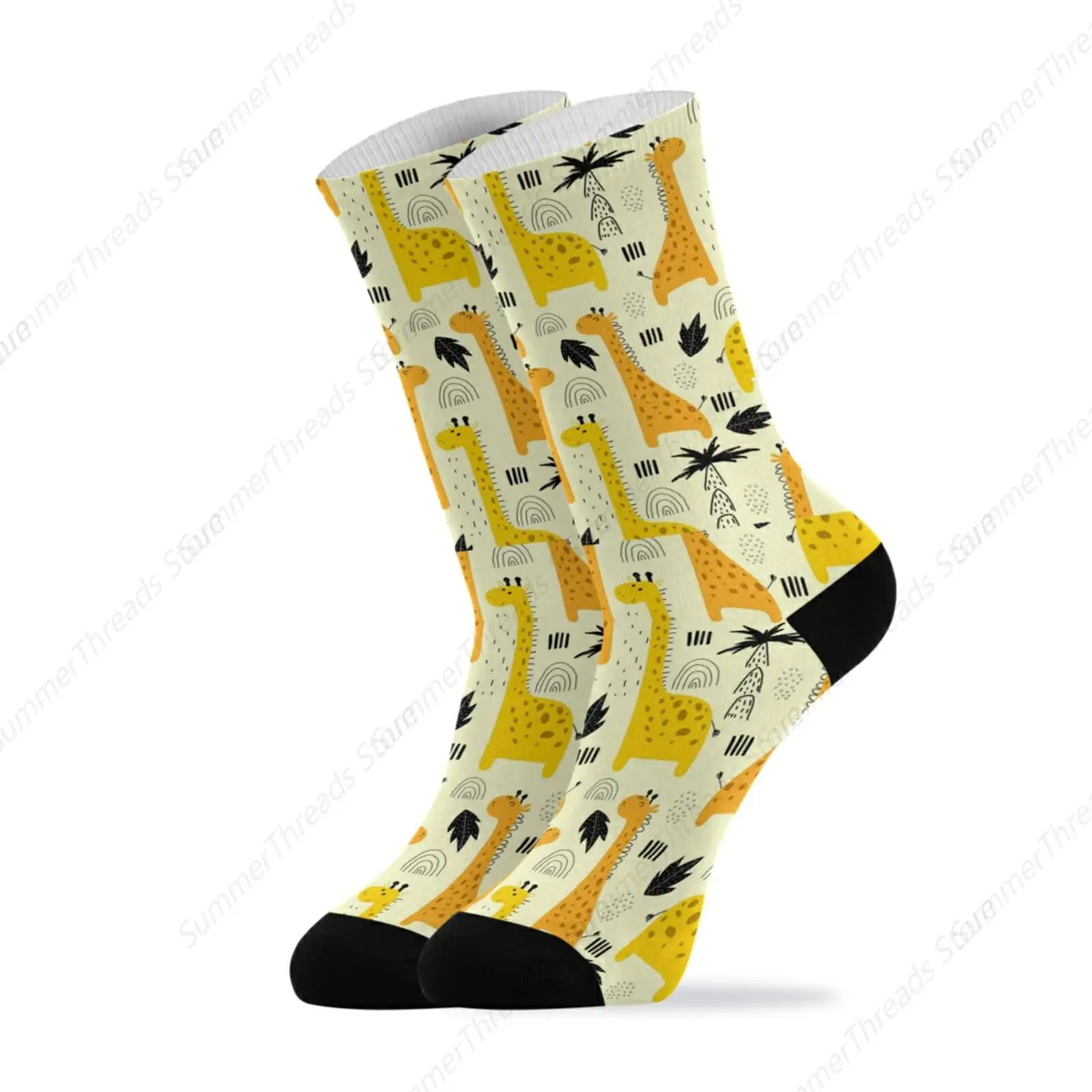 Yellow Cartoon Giraffes Rainbow Waterdrops Black Palm Tree Leaves Unisex Long Casual Socks Athletic Crew Socks for Women Men