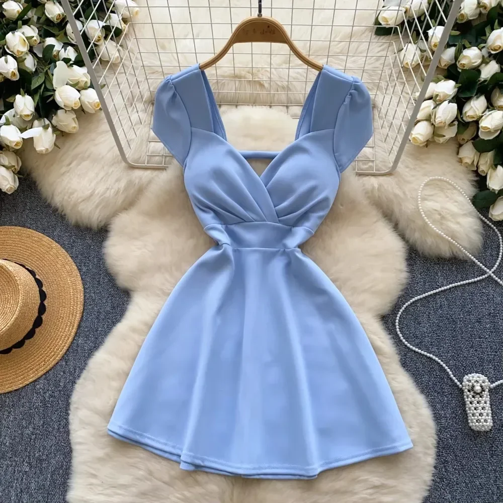 

Chic Elegant Pleated Zipper Short Sleeve Korean Sexy Backless A-line Dresses Slim Vintage High Street Evening Women Clothing