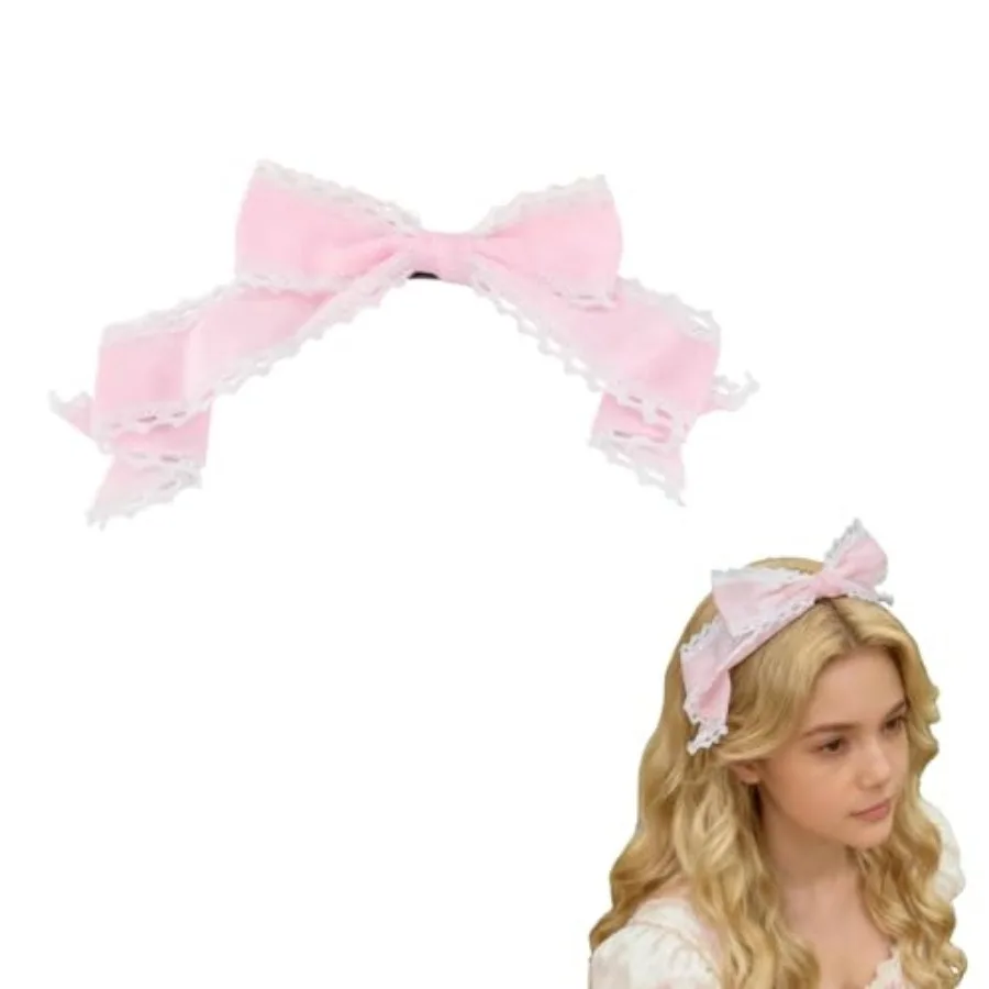 

Pink Bow Lolita Headdress with Alligator Clips, Cute Bow Tie Hair Band, Ruffled White Lace Headband, Maid Hair Accessory for Co