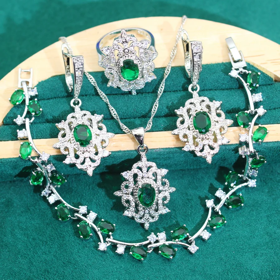 

2024 New Green Zircon 925 Silver Jewelry Sets For Women Wedding Bracelet Earrings Necklace Pendant Ring Birthday Gifts