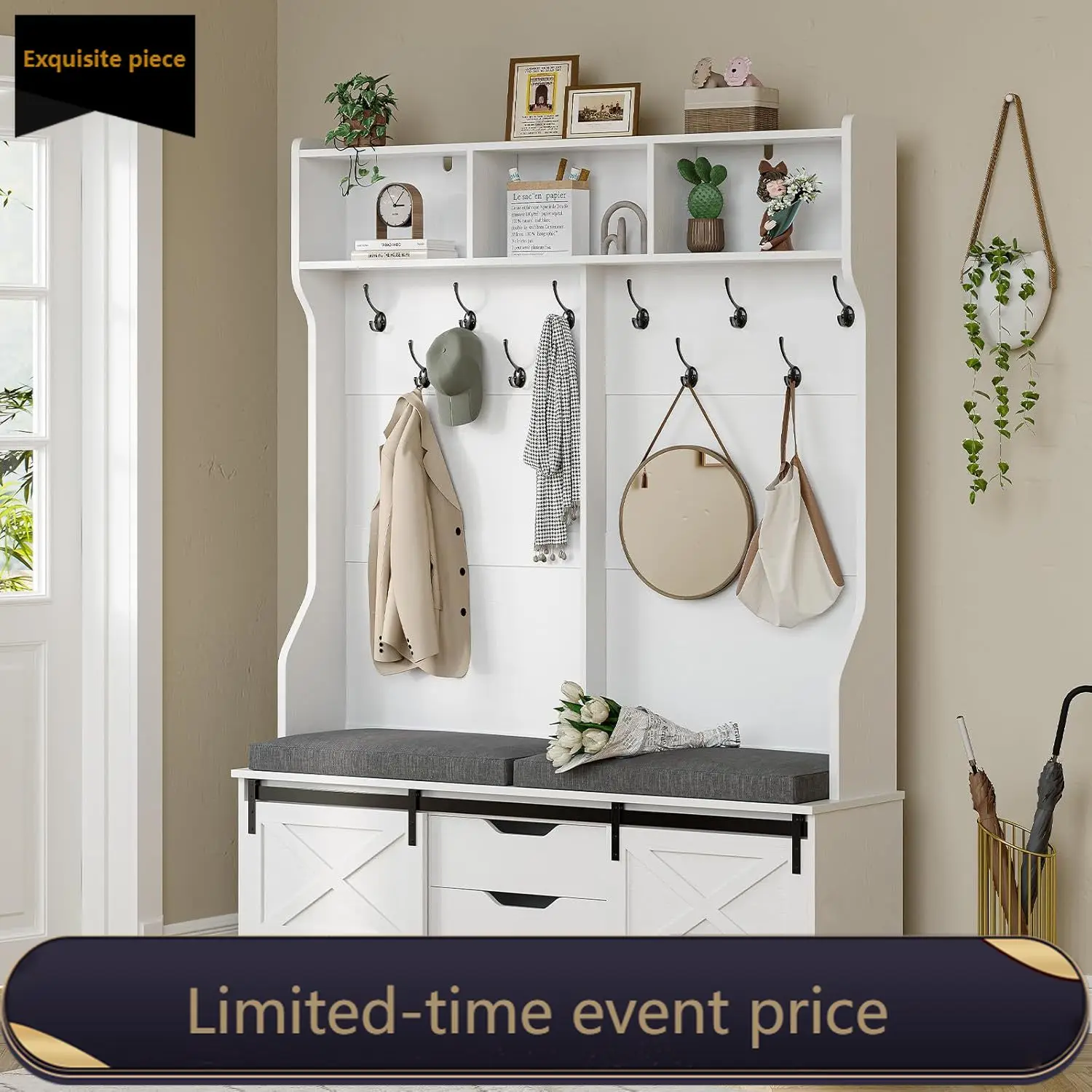 

Hall Tree with Bench and Shoe Storage, Entryway Bench with Coat Rack, Modern Farm House Barn Door 3-in-1 Hall Tree with Storage
