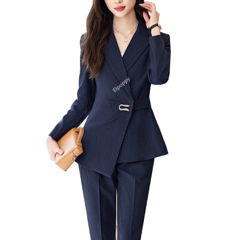 2024 New Ladies Pant Suit Women Gray Blue Black Striped Female Business Work Wear Formal Jacket Blazer and Trouser 2 Piece Set