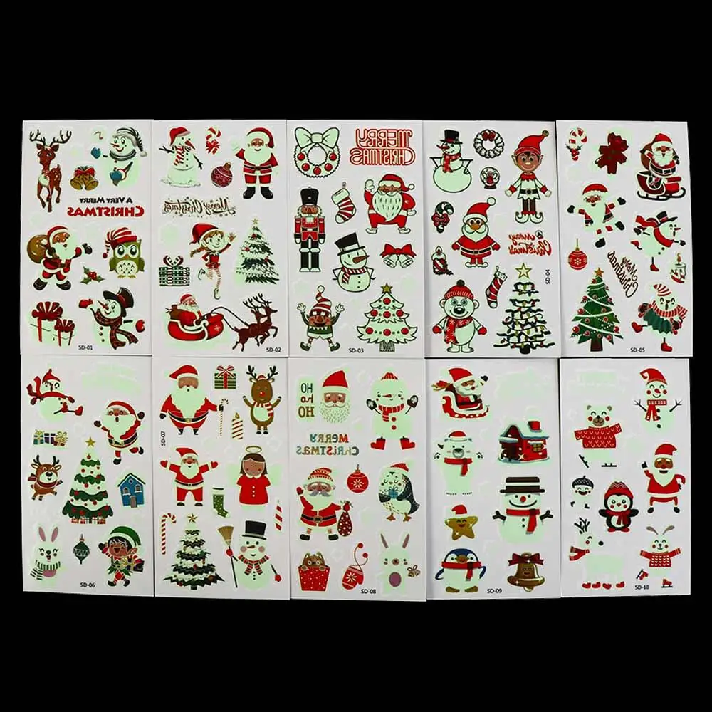 10 stuks Kerstman Kerst Tattoo Sticker Waterdicht Grappige Glow Tattoo Sticker Wegwerp Oogstickers