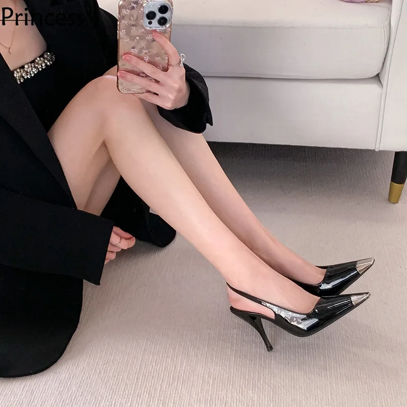 

Sexy Black Square Toe Metal Back Gap With High Heels And Slim Heel Sandals In The Same Style As Heels