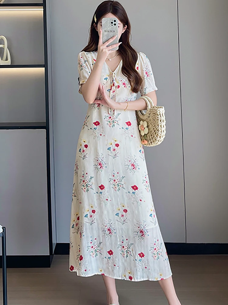 

Women Boho Floral Chiffon Bow V-Neck Long Dress Summer Short Sleeve Elegant Casual Dress 2025 New Korean Bodycon One Piece Dress