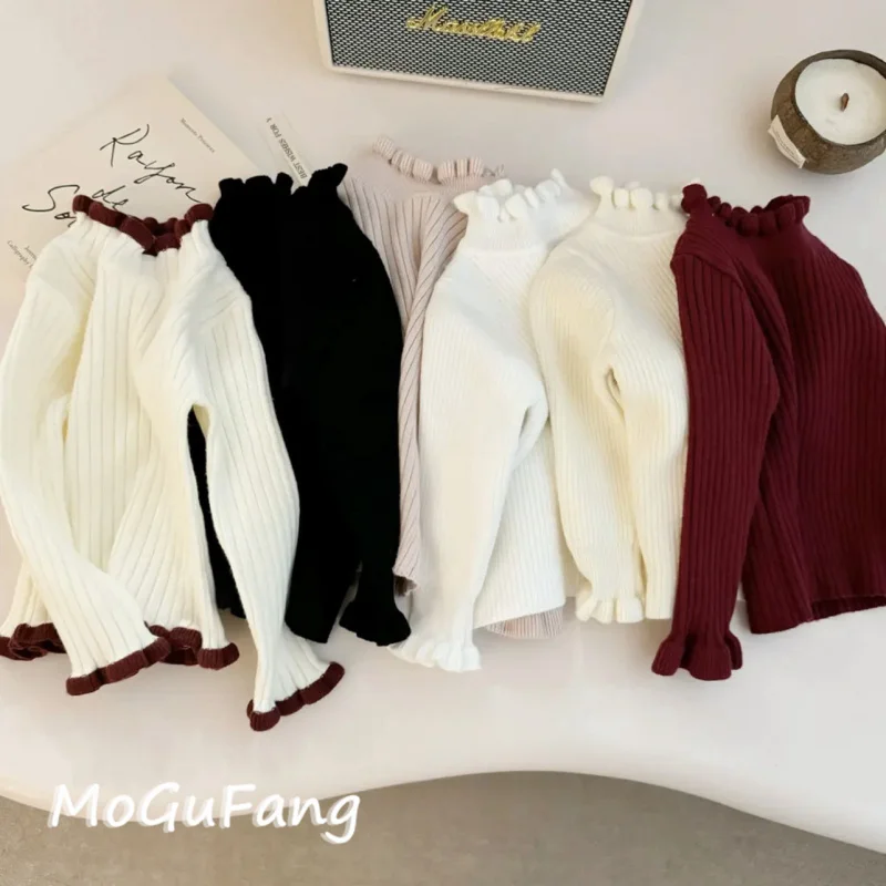 

01-Sweet Girl New Baby Top Little Girl Princess Ruffled Base Shirt Children's Knitted Sweater Cute Trendy