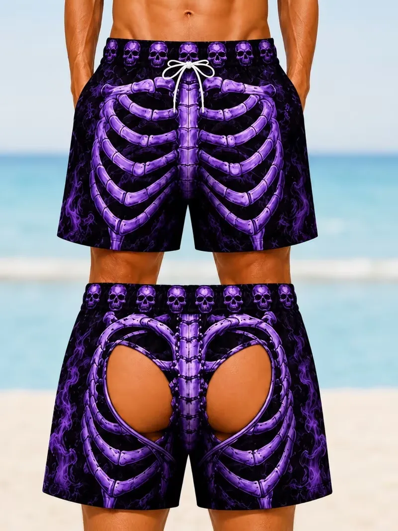 Men Funny Skeleton Print Board Shorts Novelty 3D Skull Ribcage Swim Trunks Quick Dry Summer Swimming Beach Shorts Bathing Suit