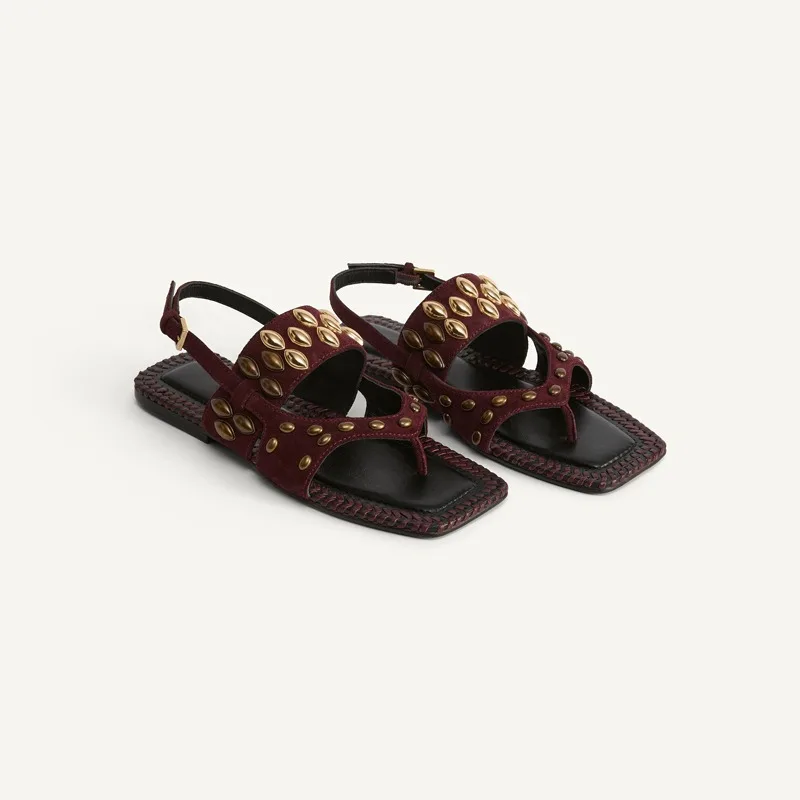 

Banyiyou Summer Modern Sandals Square Head Open Toe One-word Buckle Vacation Flats Sandalias Bohemian Woven Roman Sandal Women