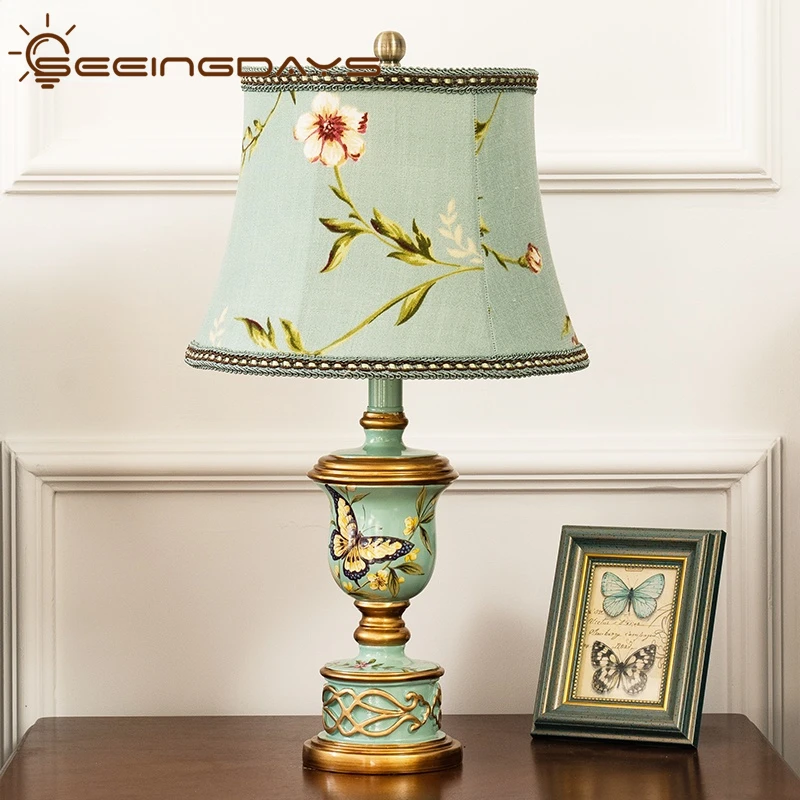 

American Style Green Resin Table Lamp For Bedroom Girl European Table Lamp Bedroom Bedside Lamp Retro Bedside Table Lamp