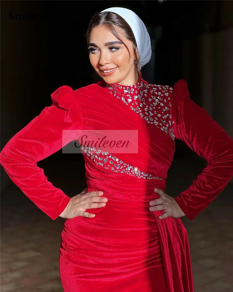 Smileven Red Velour Moroccan caftan Formal Evening Dresse High Neck Long Sleevees High Neck Beading Women Prom Party Gowns 2024