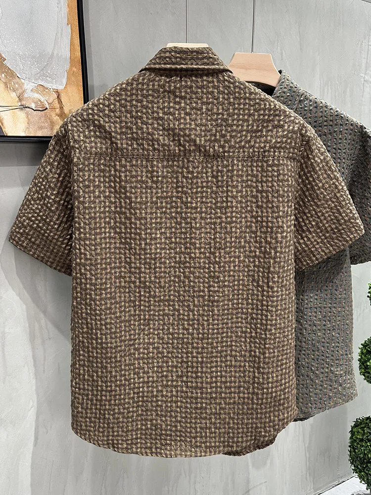 French Men's Embossed Plaid T-shirt 2026 Summer New Retro Casual Fashion Loose Male Commuting Lapel Short Sleeve Shirt