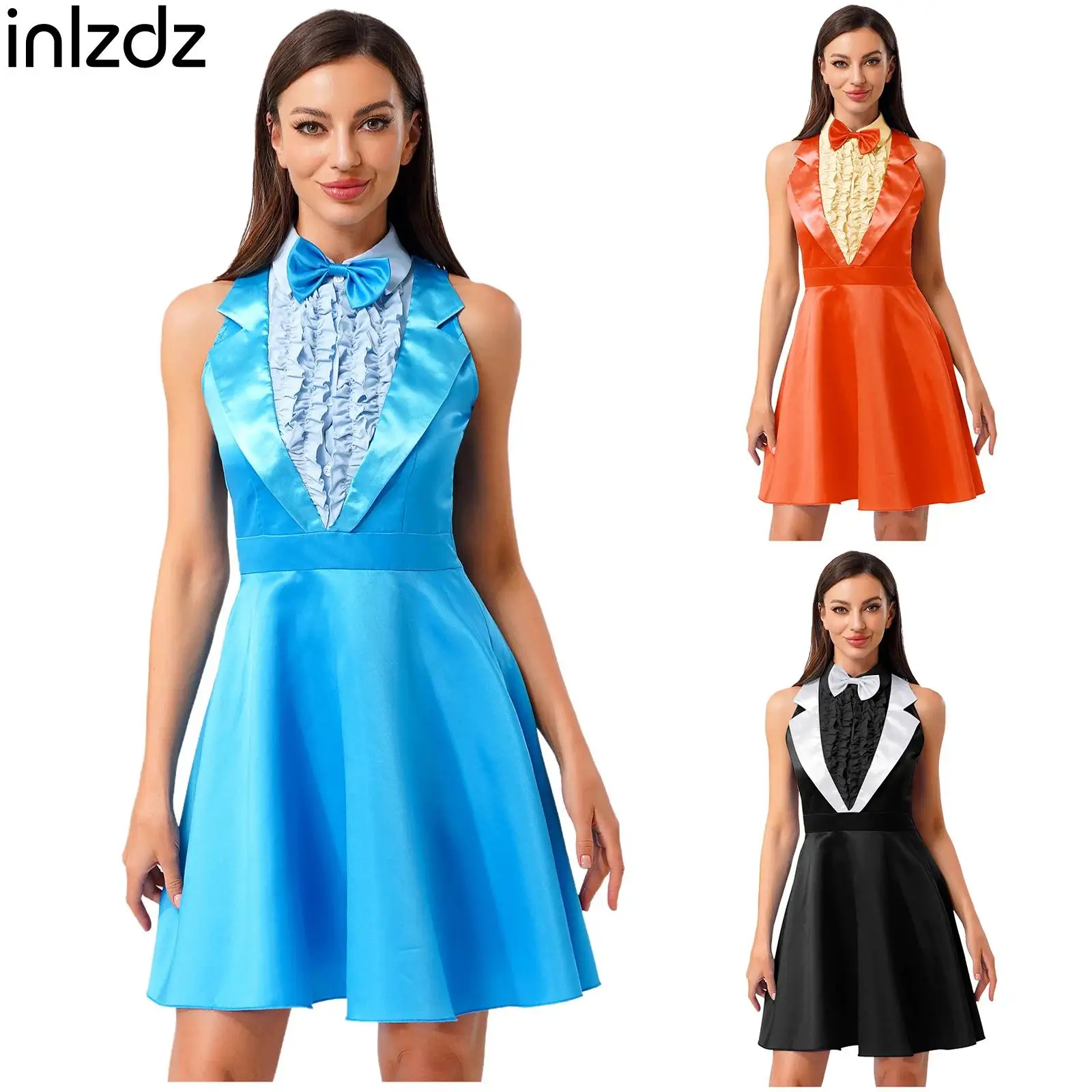 

Women Carnival Sleeveless 80s Dumber Cosplay Dress And Bowtie Lapel for Halloween Dress Up Party Raves Stage Performance Costume