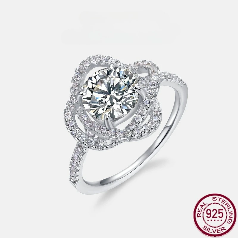 

New S925 Pure Silver Moissanite Flower Full Diamond Proposal Ring European and American Light Luxury Fashion Wedding Jewelry