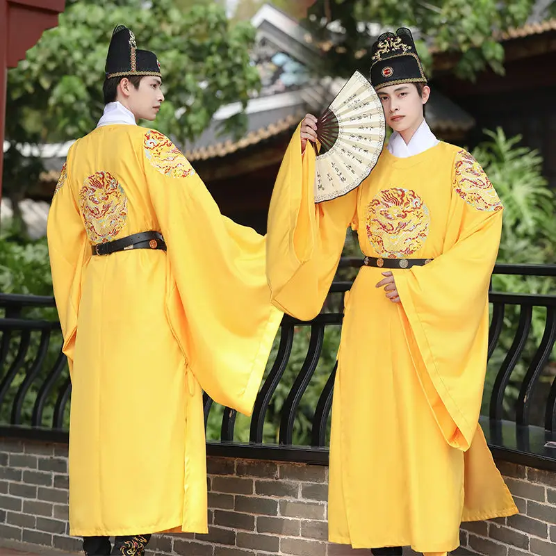 Yellow male Hanfu long robe Ming system round collar robe Emperor heavy industry embroidery Chinese style ancient style