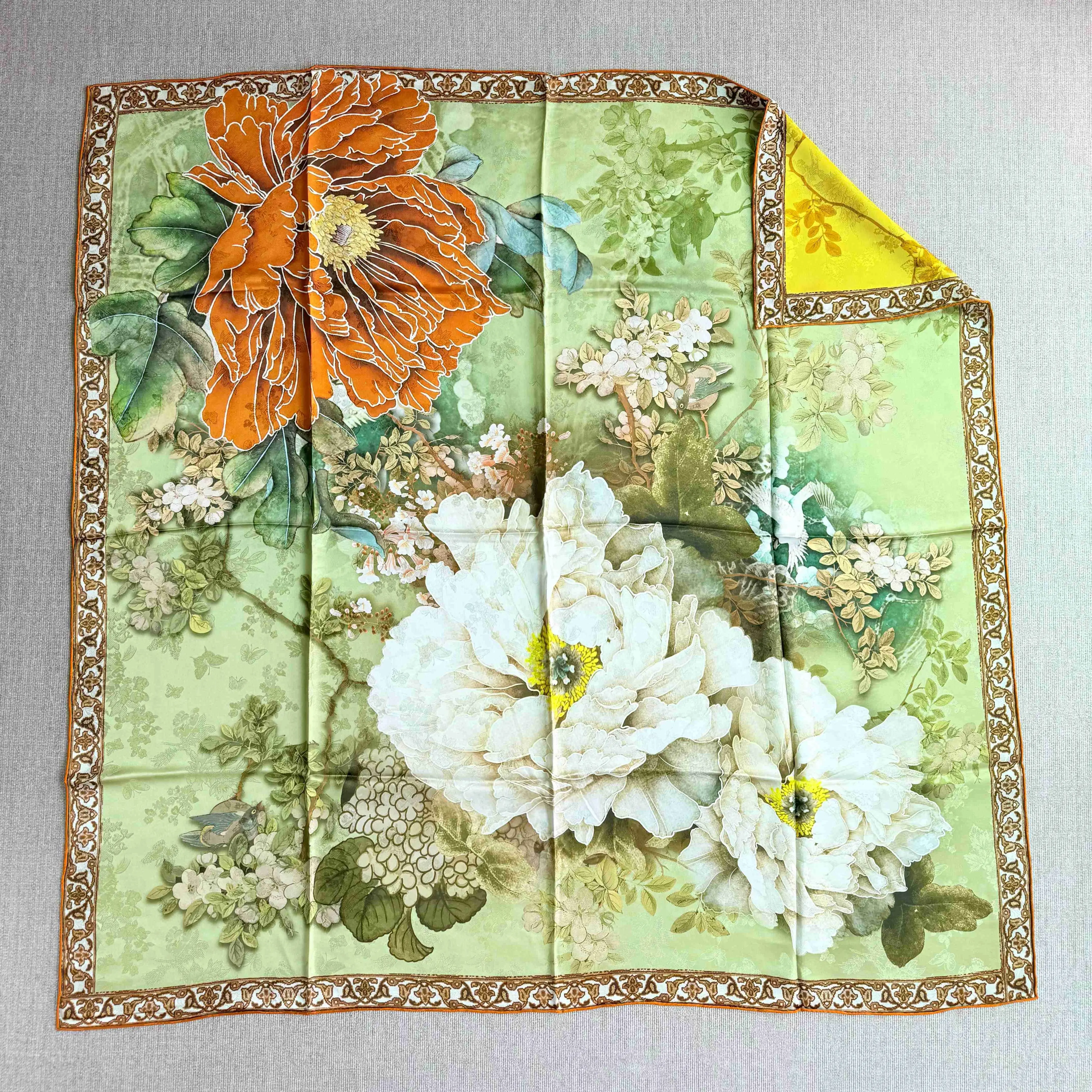 

Double Face Scarf Women Golden Hijab Chinese Style Peony Print Hand Rolled Silk Scarf 110 Personalized Jacquard Bright Shawl