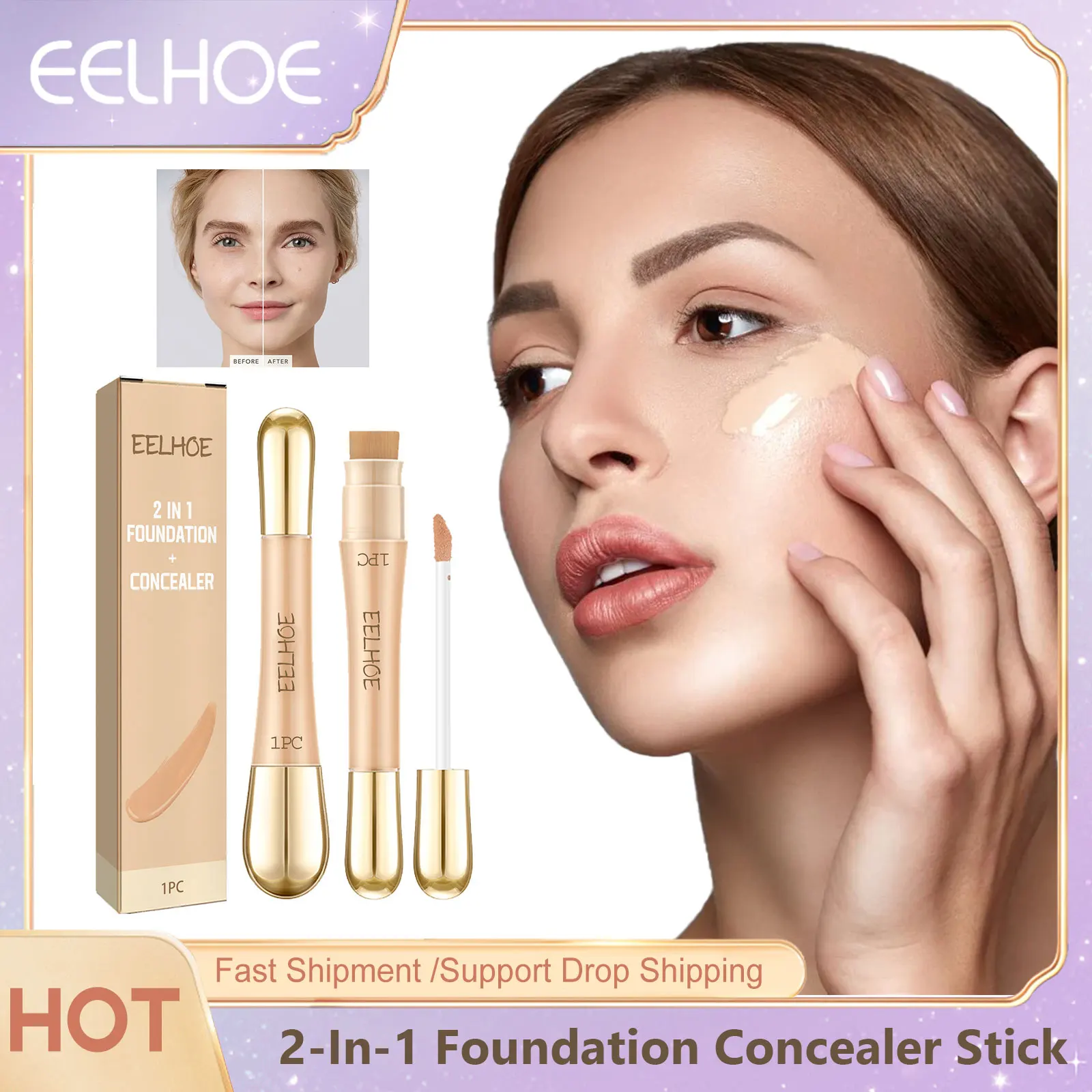 Impermeável Double Head Concealer Foundation Stick, hidratante, duradoura, contorno cobertura, acne manchas, iluminar maquiagem, cosméticos