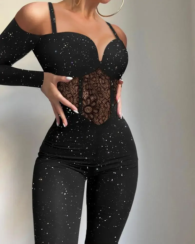 

Glitter Cold Shoulder Contrast Lace Corset Jumpsuit Women High Waist Fashion Spring Summer Ankle Length Jumpsuits Overall Pants