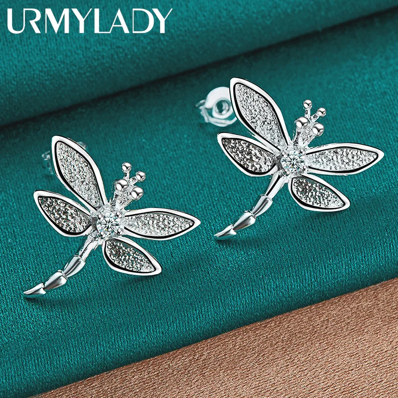 URMYLADY 925 Sterling Silver Dragonfly Zircon Stud Earrings For Women Wedding Party Fashion Jewelry