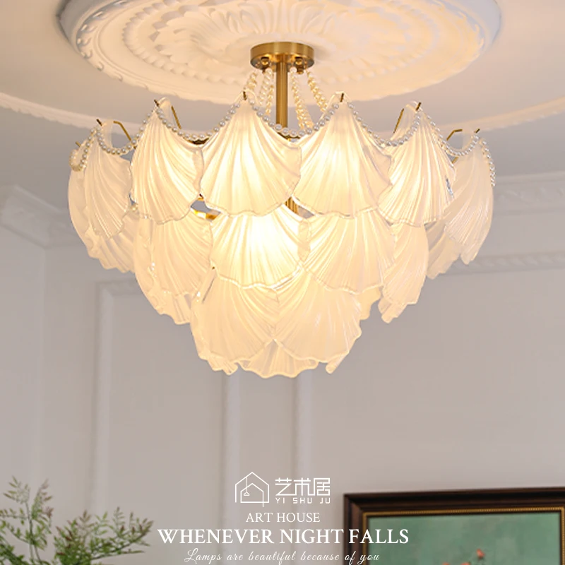 

French chandelier living room bedroom master light luxury pearl shell romantic crystal hall dining room lamp