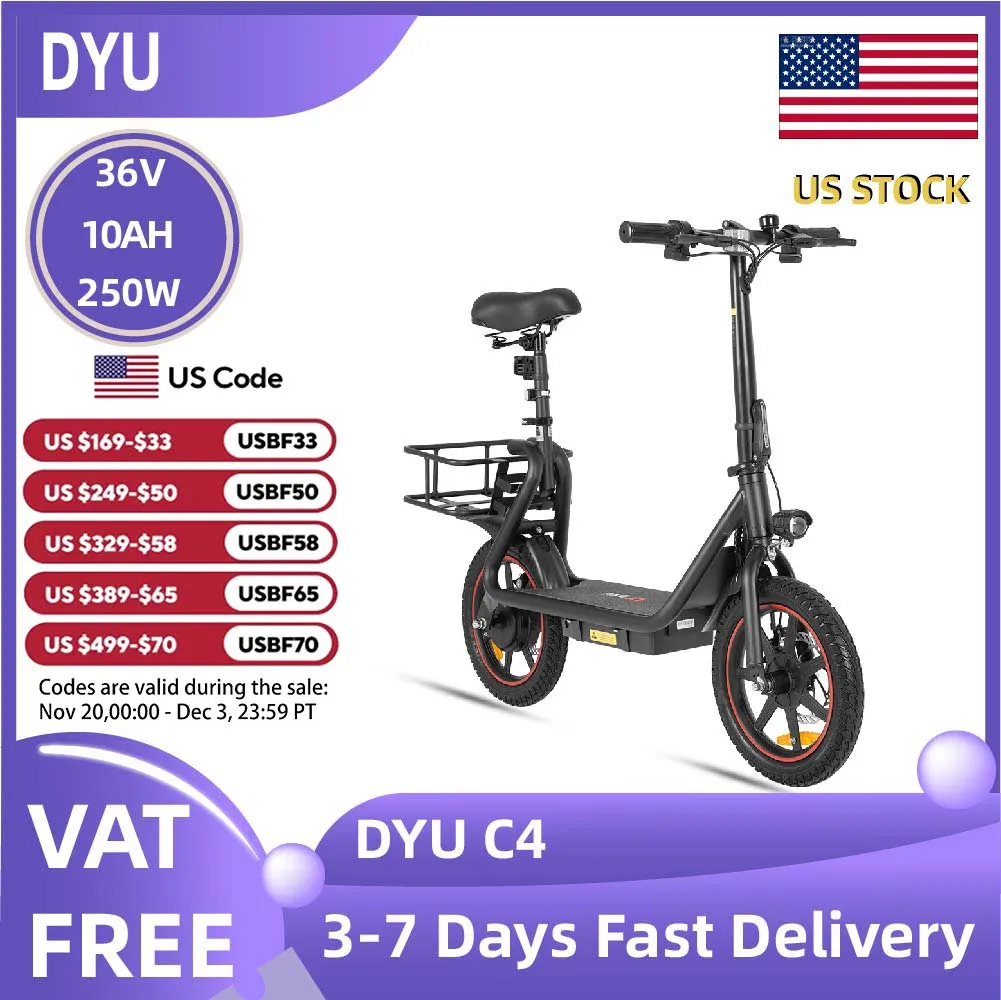 

DYU C4 Adult Electric Bicycle, 250W city ebike, 36V 10AH E-bike, 14 Tire Foldable Electric Bike