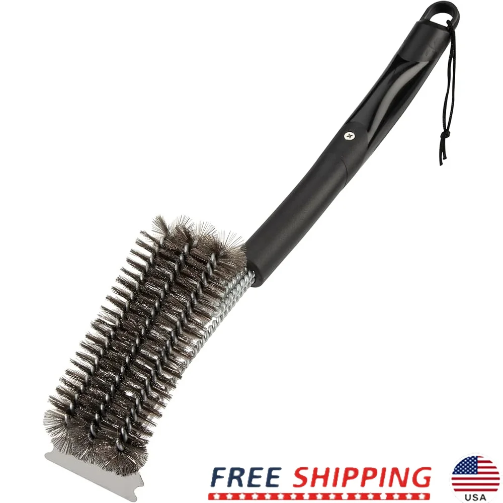 

Triple Bristle Grill Brush with Scraper 17 Inch Stainless Steel Durable Cleaning Tool Ergonomic Handle Quick Grill Maintenance