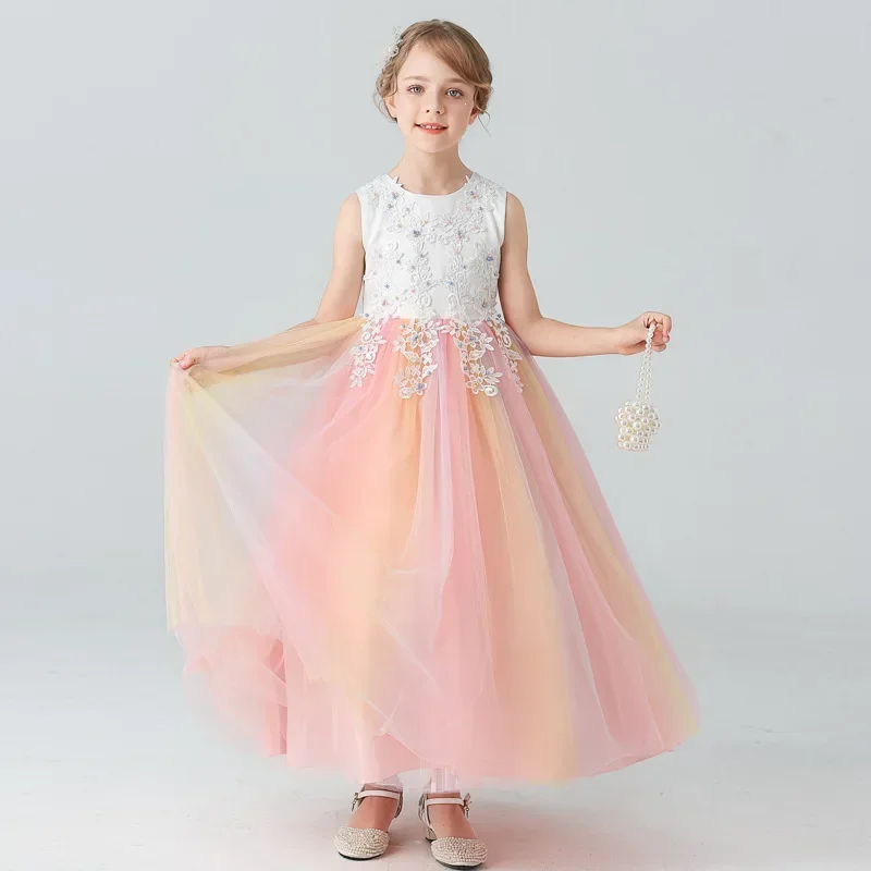 Summer New Children Princess Dress Mesh Lace Sleeveless Girl Child Wedding Dress Fashion Girls Party Dresses 4-14 Years