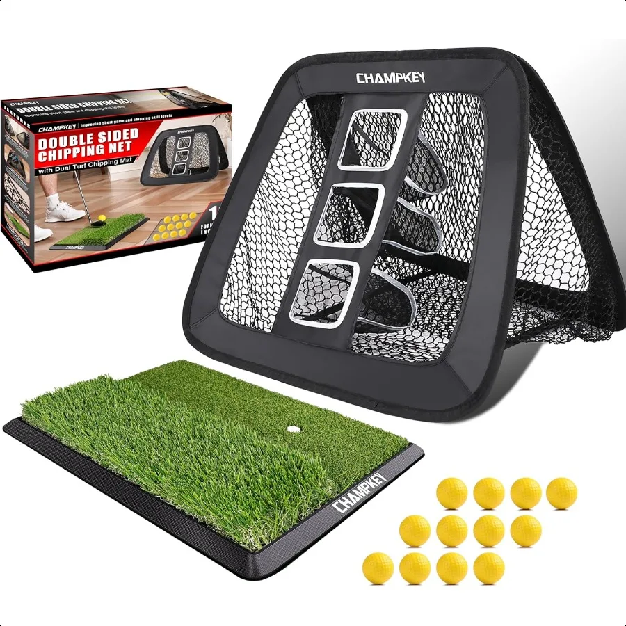 شبكة تقطيع الجولف مزدوجة الجوانب من CHAMPKEY مع حصيرة و12 كرة إسفنجية شبكة ممارسة الجولف الاحترافية مثالية للداخلية والخارجية