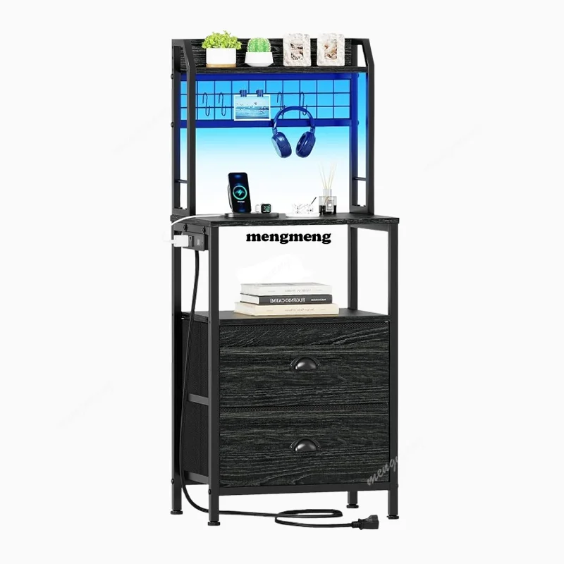 

4Tall Nightstand with Charging Station LED Lights End Table with 2 Drawers and Storage Shelves Pegboard Bedroom Black Oak