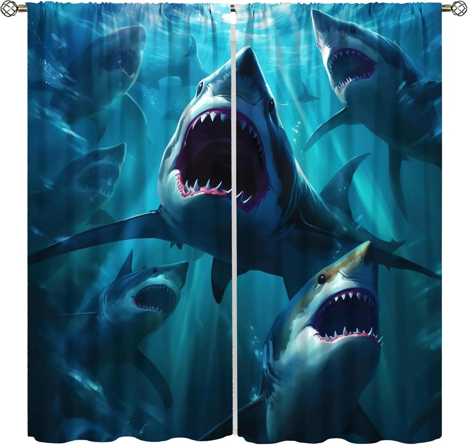 Shark Curtains Deep Sea 3D Fierce Ocean Fish Scary Sharks Animals Windows Treatments Rod Pocket Drapes for Kids Boys Teenage