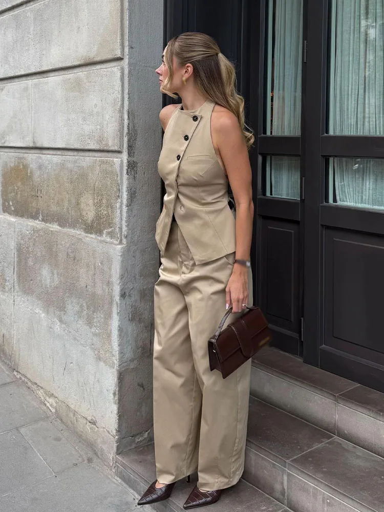 HH Autumn Women Solid Pants Suit Sleeveless Backless Hanging Neck Collar Top+Loose Belt Straight High Waist Zipper Trousers