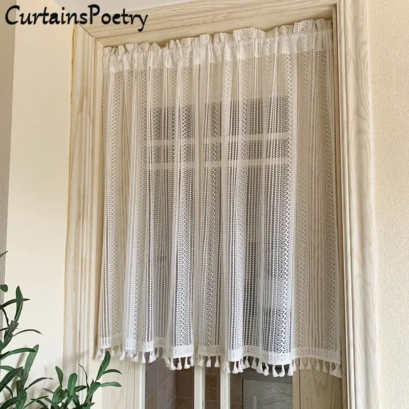 

White Boho Lace Tassels Curtains for Bedroom Living Room Crochet Rustic Striped Rod Pocket Sheer Curtain Drapes Window Treatment