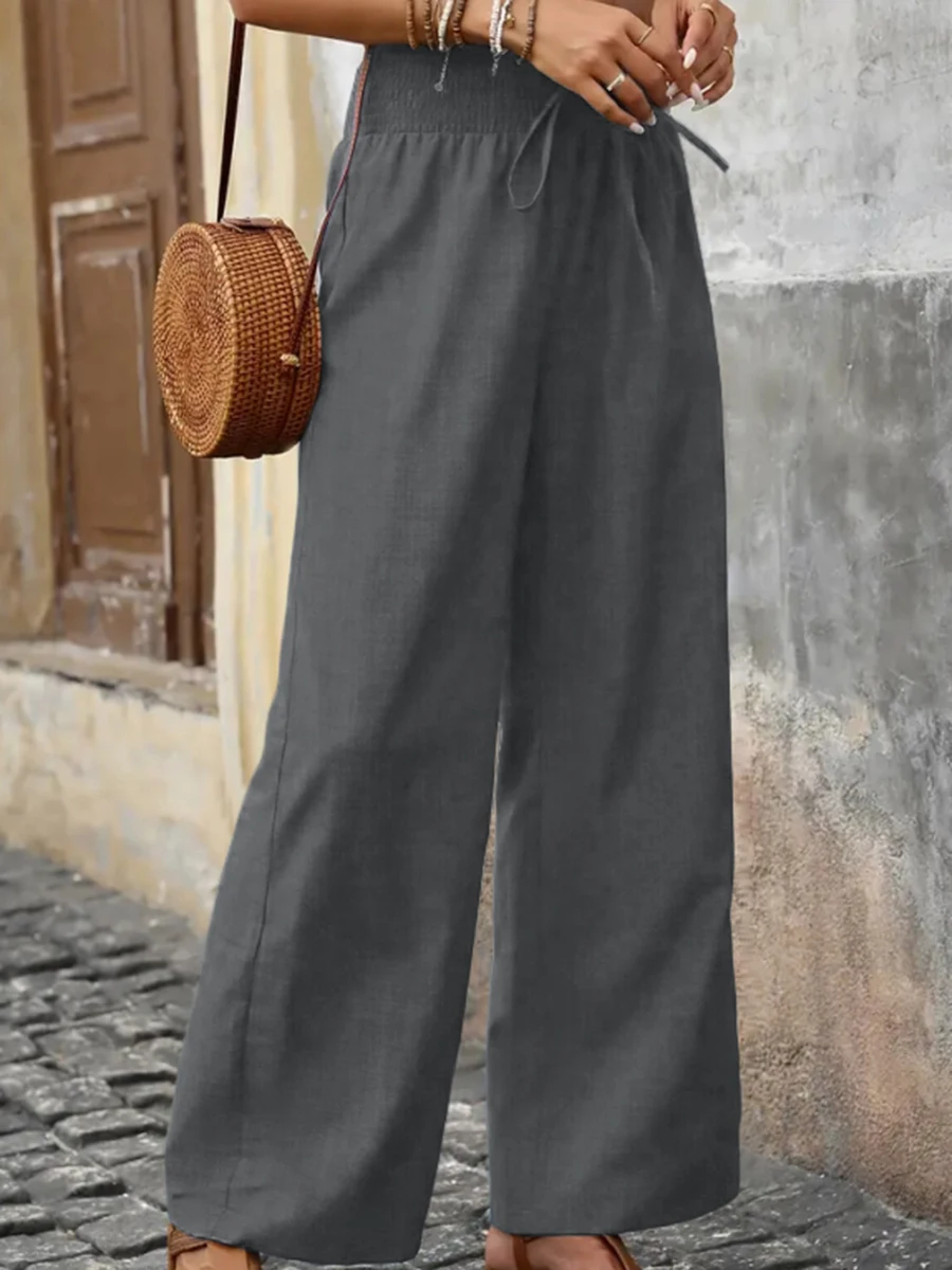 New Plus Size Women Pants High Waist Wide Leg Trousers Casual Loose Elastic Waist Drawstring Solid Cotton Linen Baggy Pants