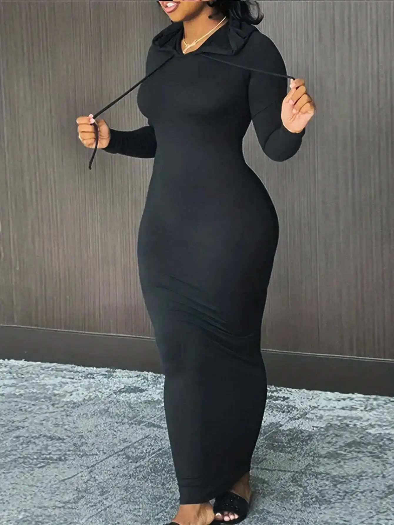 

Plus Size Solid Color Long Sleeve Hooded Bodycon Dress For Women