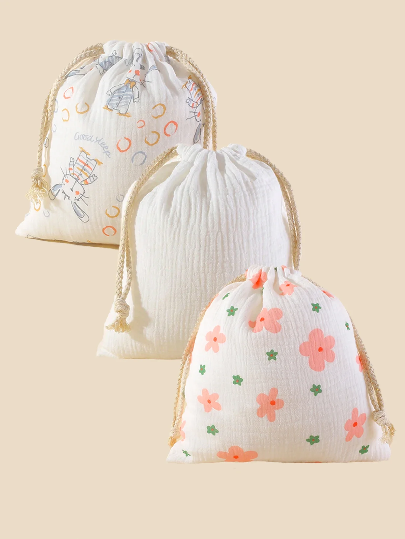 GCN1-s  double-layer rope drawstring storage bag pure cotton crepe printed cloth Muslin baby comfort towel  