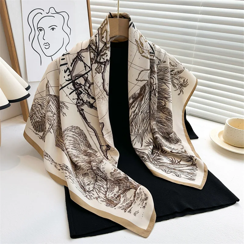 Spring Summer Luxury Design Women 90X90cm Square Silk Scarf Landscape Print Hijab Foulard Ribbon Wrap Hairband Headband Mom Gift