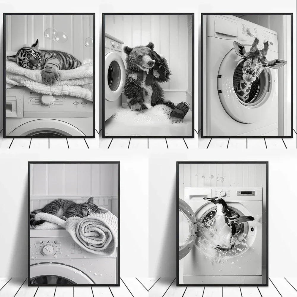 Niedliches Poster mit Giraffe, Pinguin und Tiger in Waschmaschine, Wäscheraum-Dekoration, Lustiges Wäscherei-Wandbild, Utility-Room-Druck auf Leinwand
