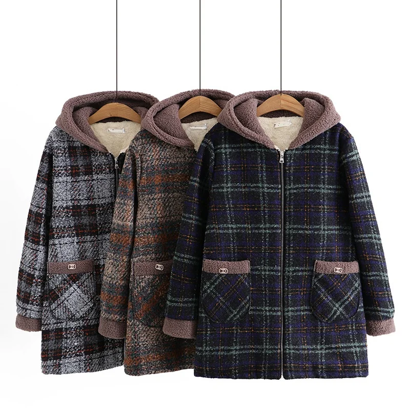 Extra-Large Size 5XL 6XL 7XL Women's Winter Jacket New Plaid Velvet Warm Woolen Coat Hooded Parkas Female Cotton Padded Jackets