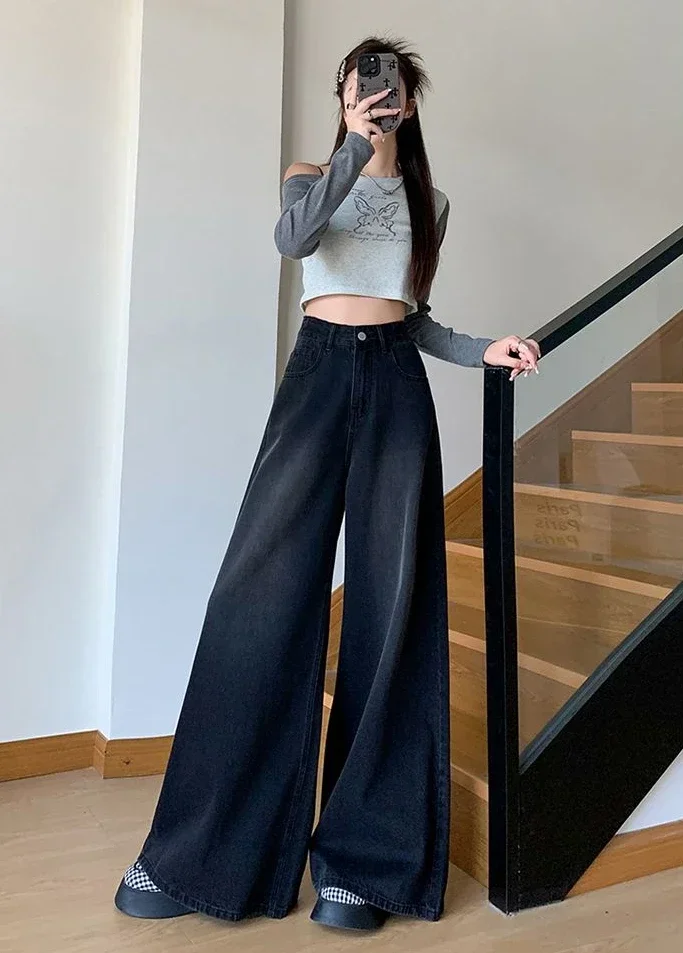 

Women Gray Black Wide Leg Baggy Jeans Denim Pant plus size high waist y2k harajuku casual bf boyfriend loose straight korean new