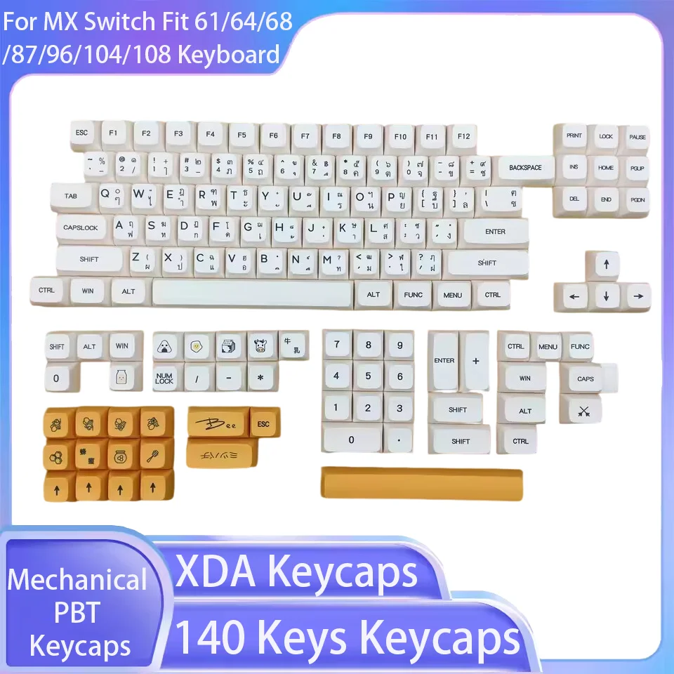 

140 шт., механические колпачки для клавиш из ПБТ для переключателя MX, подходят для клавиатуры 61/64/68/87/96/104/108, колпачки для клавиш XDA, бесшумные механические игровые колпачки