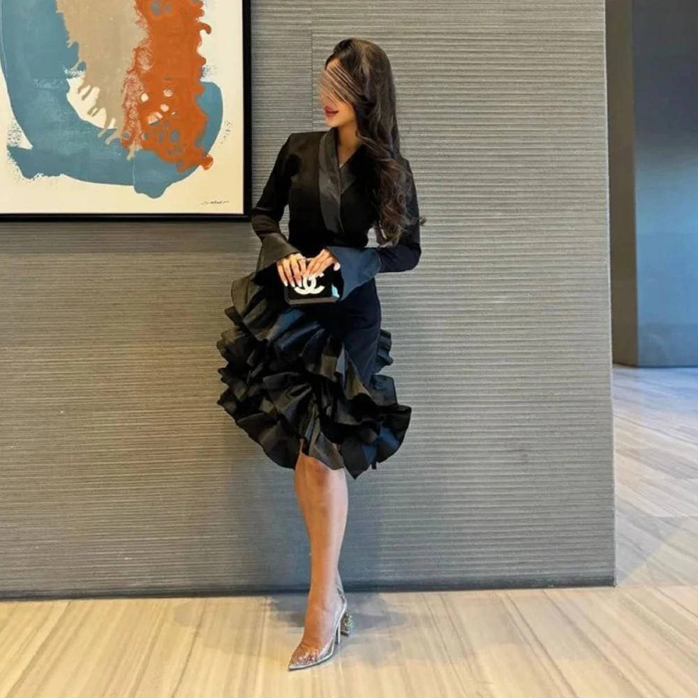 

Black V-Neck Short Evening Dress Long Sleeves Sheath with Ruffles Women Above Knee Length Customized Banquet Party Gowns