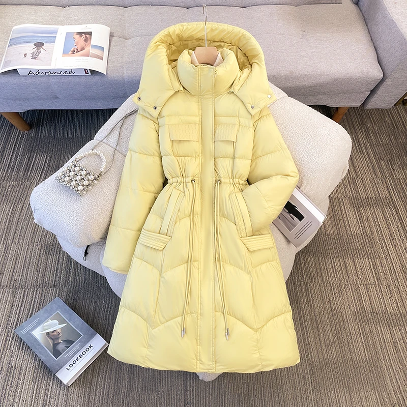 

Thiened Cotton Jaet Women's Mid-Length Coat with Detachable Cap Warm Sli Winter Outerwear Long Sve Zipper Closure