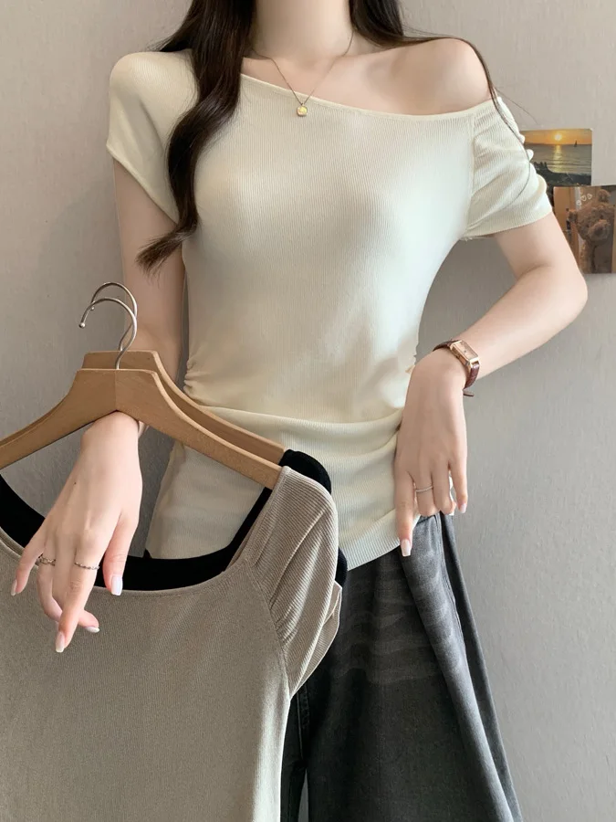 

plus Size Knitted Short Sleeve Slim Fit Shoulder Bared Women's Top Korean Style Summer Fashion Casual Breathable Clothing