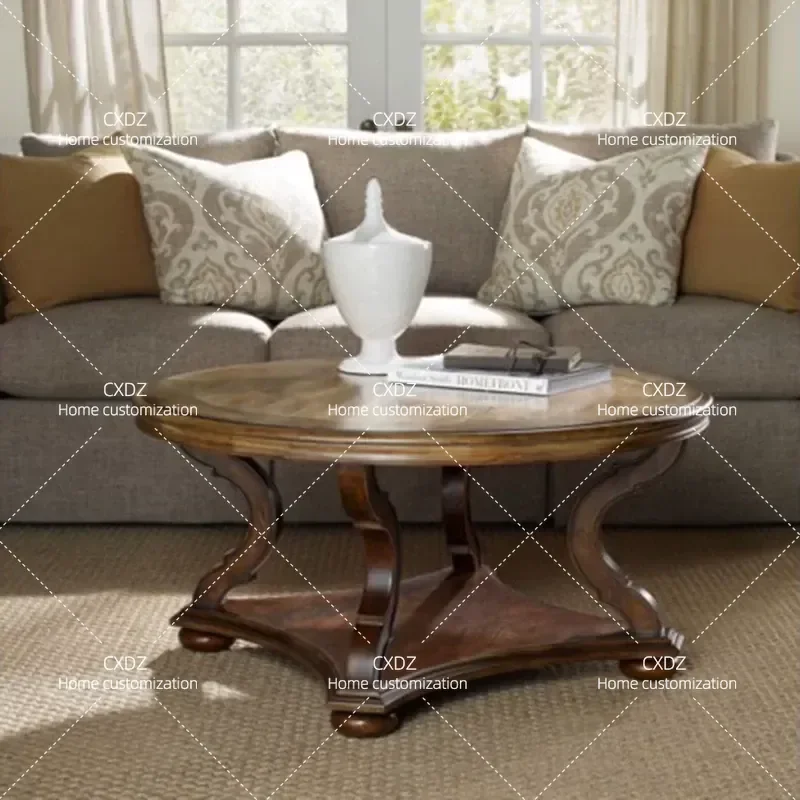 Solid Wood Retro Round Coffee Table Brown Vintage Double Layer Small Round Side Table for Living Room Apartment Customizable