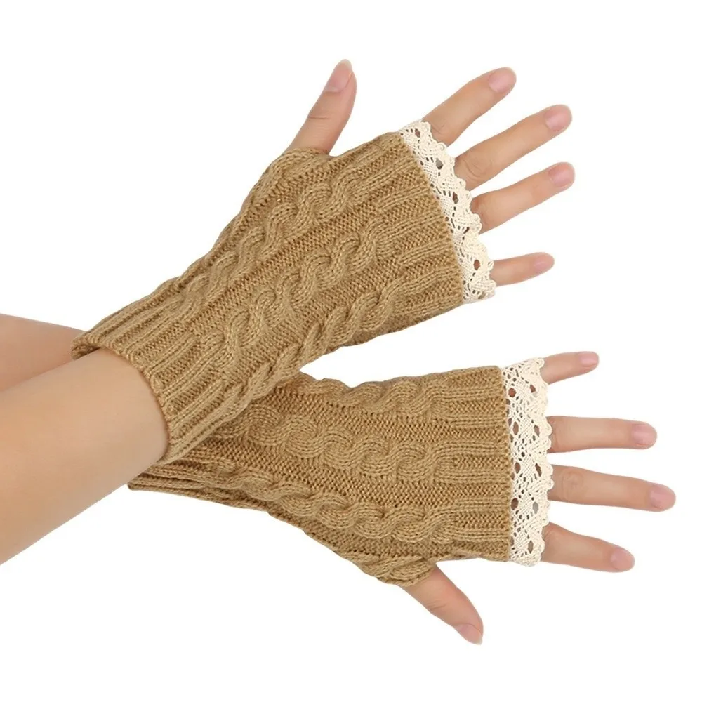 Cozy Lace Trim Fingerless Mittens Long Warm Women Knitted Gloves Soft Thicken Arm Warmers Writting Friendly