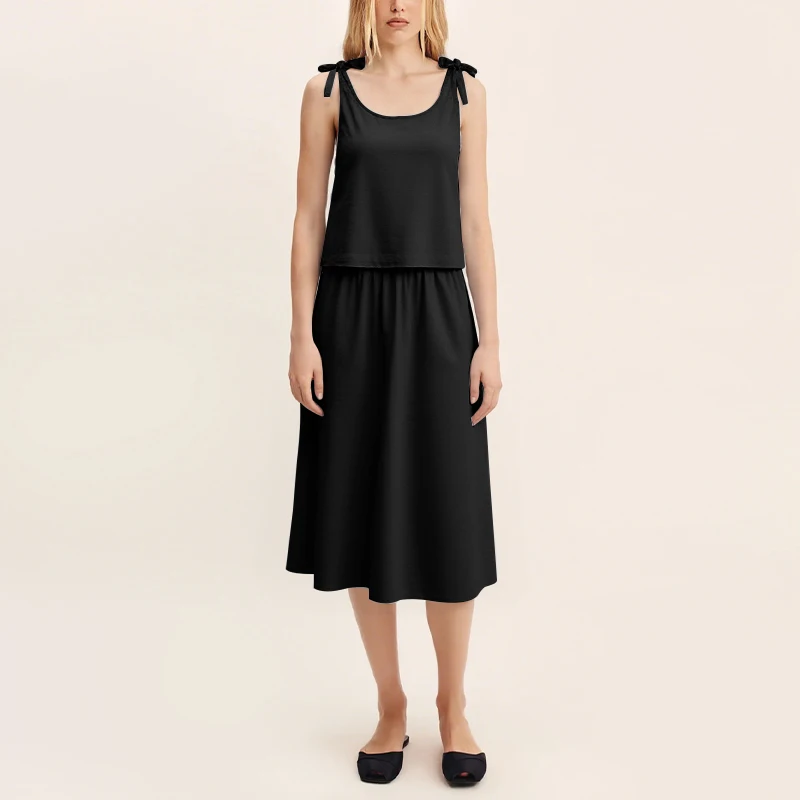 French Elegant Women's Linen Two-Piece Set 2026 Summer New Chic Bow Ties Sleeveless Tops Loose A-Line Skirt Woman Suit